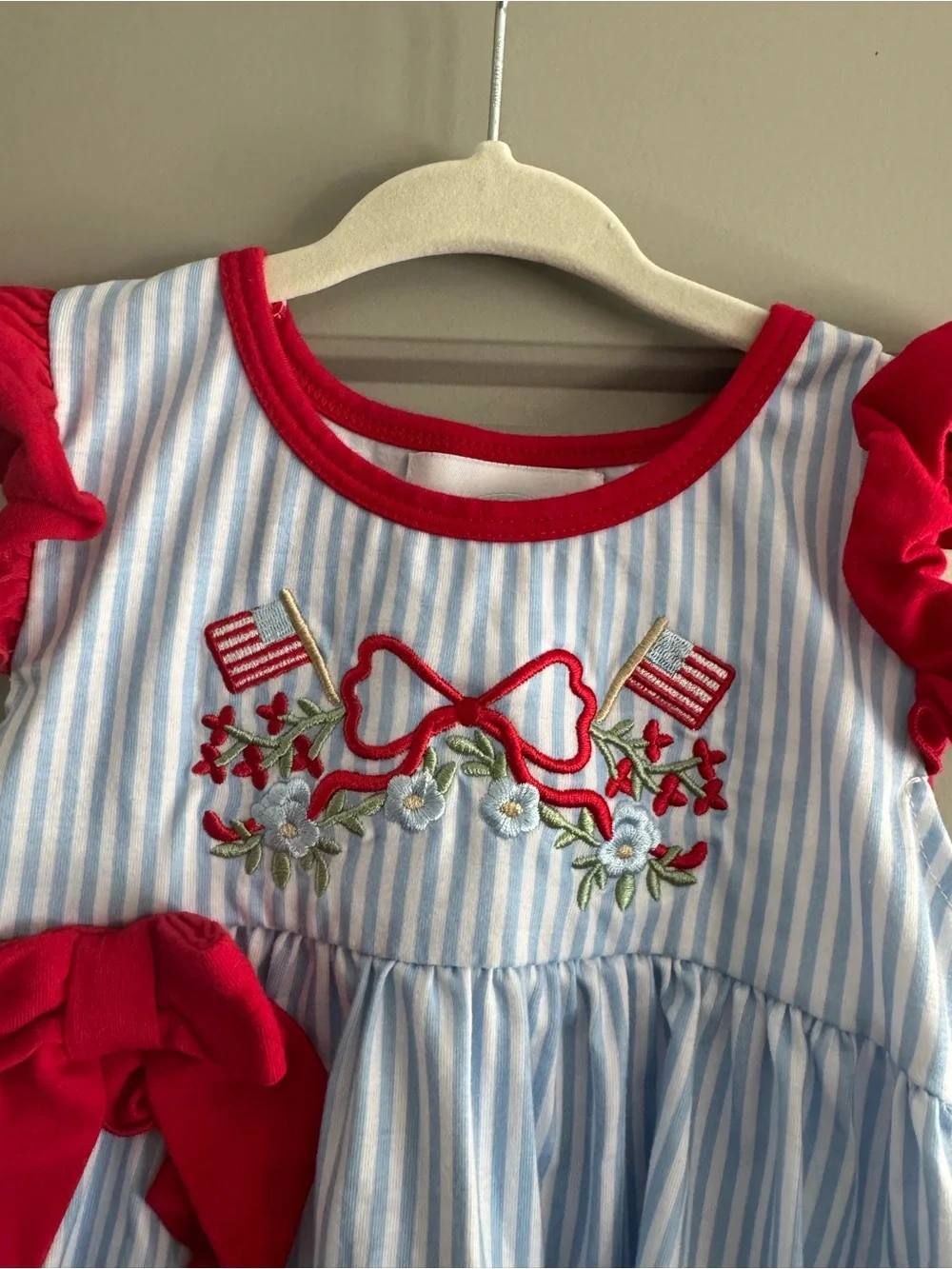Simply Scarlett Blue & Red Striped Ruffle matching short set with Bow Accent